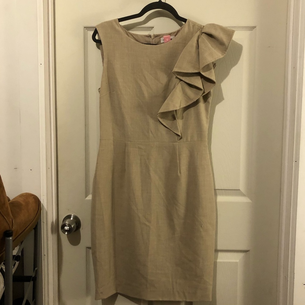 Calvin Klein Tan Dress with Shoulder Ruffles - Picture 4 of 8